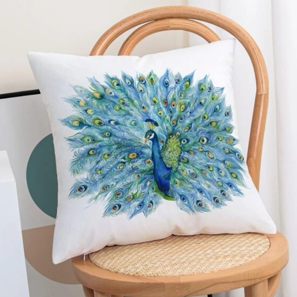 Pillow Cover Peacock Print Zipper Closure Decorative Large Square 17.7 in - Picture 4 of 16
